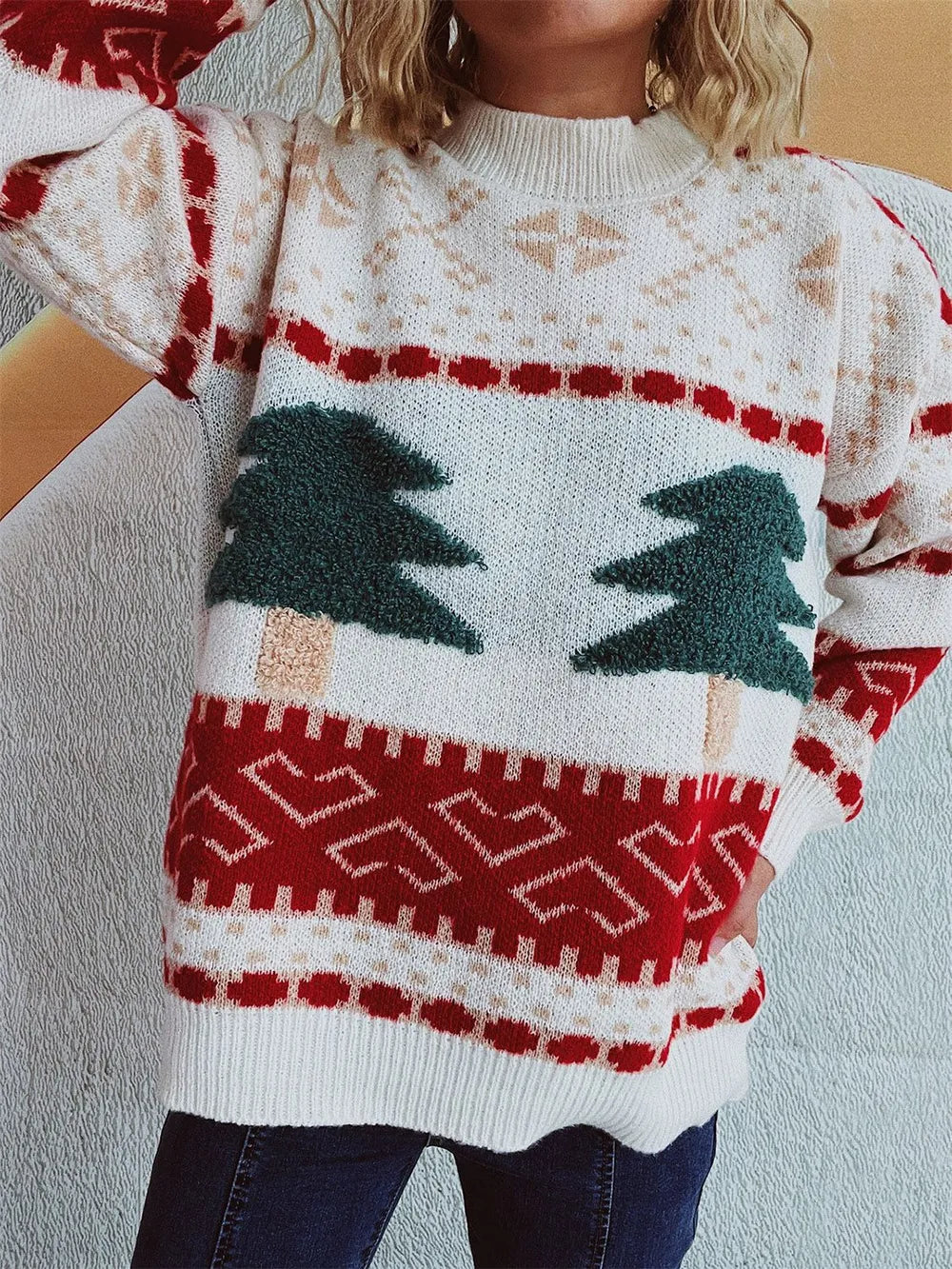 Fun Cartoon Christmas Tree Jacquard Sweater | Knitted Holiday & New Year Pullover eprolo