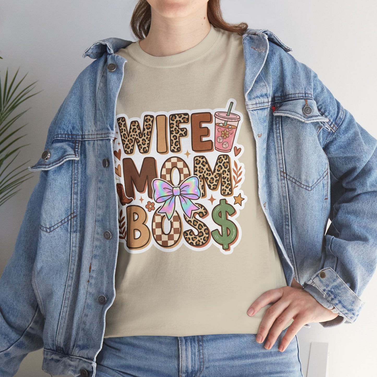 Wife Mom Boss Leopard Graphic Tee – Cute Mom Life Shirt with Bow & Coffee Printify