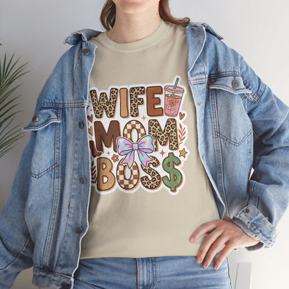 Wife Mom Boss Leopard Graphic Tee – Cute Mom Life Shirt with Bow & Coffee Printify