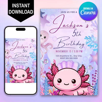 Axolotl Birthday Invitation Template - CreativeRino