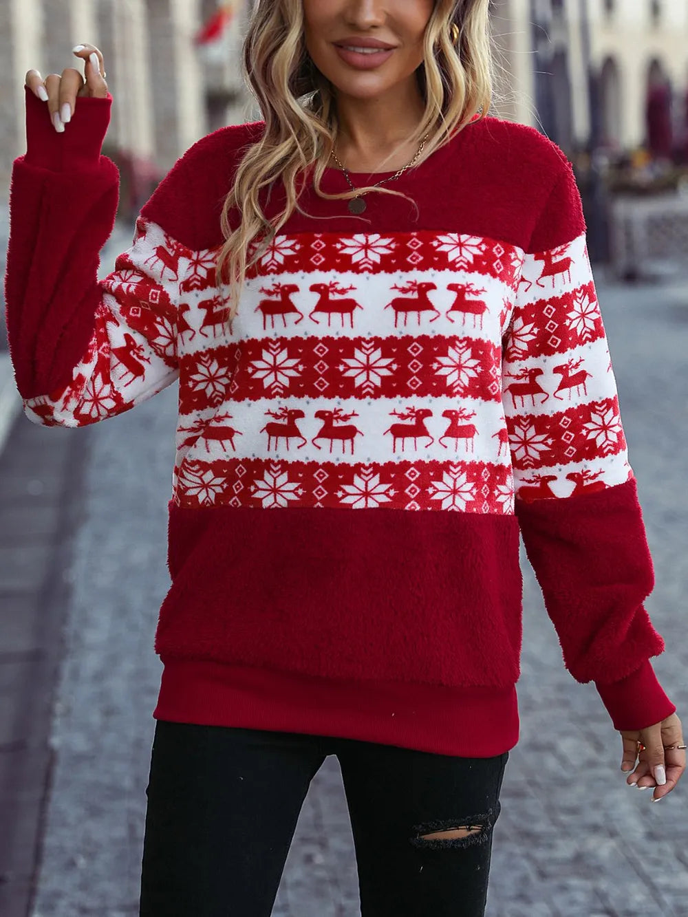 Cozy Christmas Element Long Sleeve Sweatshirt | Festive Round Neck Pullover eprolo