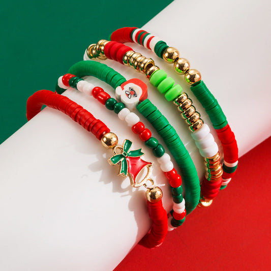 Christmas Bracelet Set | Colorful Soft Ceramic Beads with Alloy Elk & Bell Charms | Festive Women's Jewelry Gift eprolo