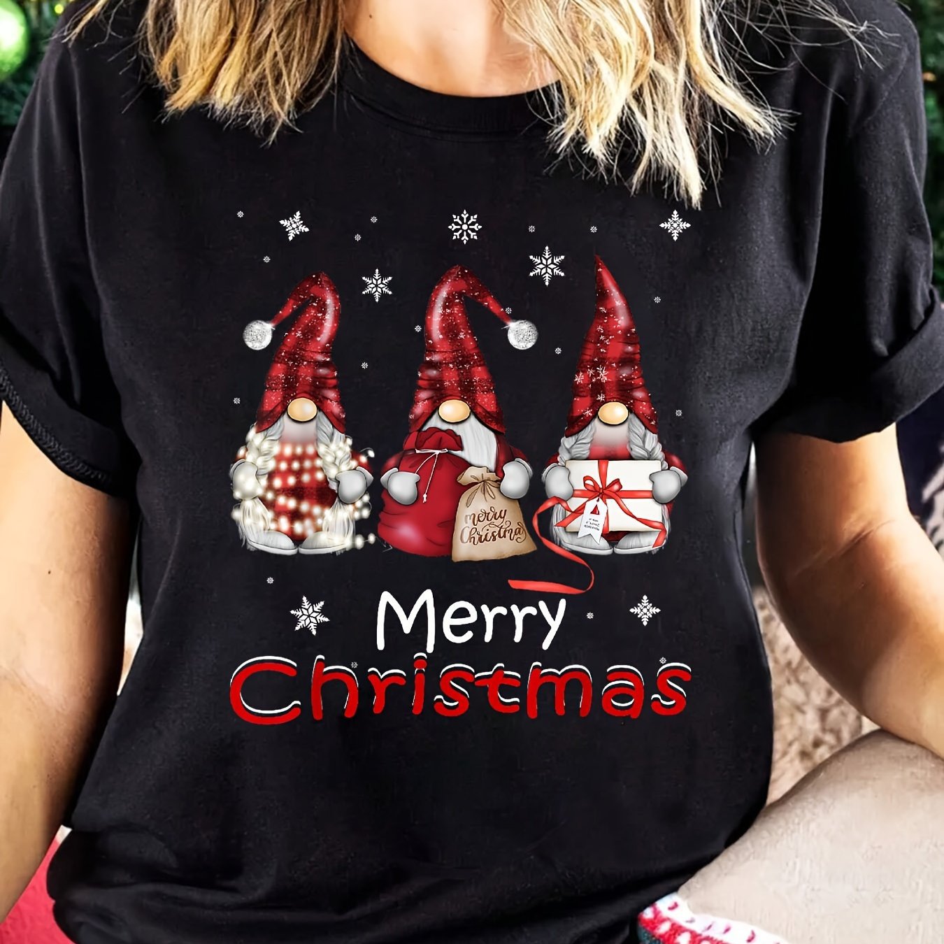 Women's Christmas Gnome Pattern Short Sleeve T-Shirt | Classic Black, Red, White Casual Crewneck Top | Holiday Graphic Tee eprolo