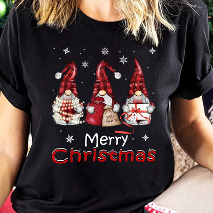 Women's Christmas Gnome Pattern Short Sleeve T-Shirt | Classic Black, Red, White Casual Crewneck Top | Holiday Graphic Tee eprolo