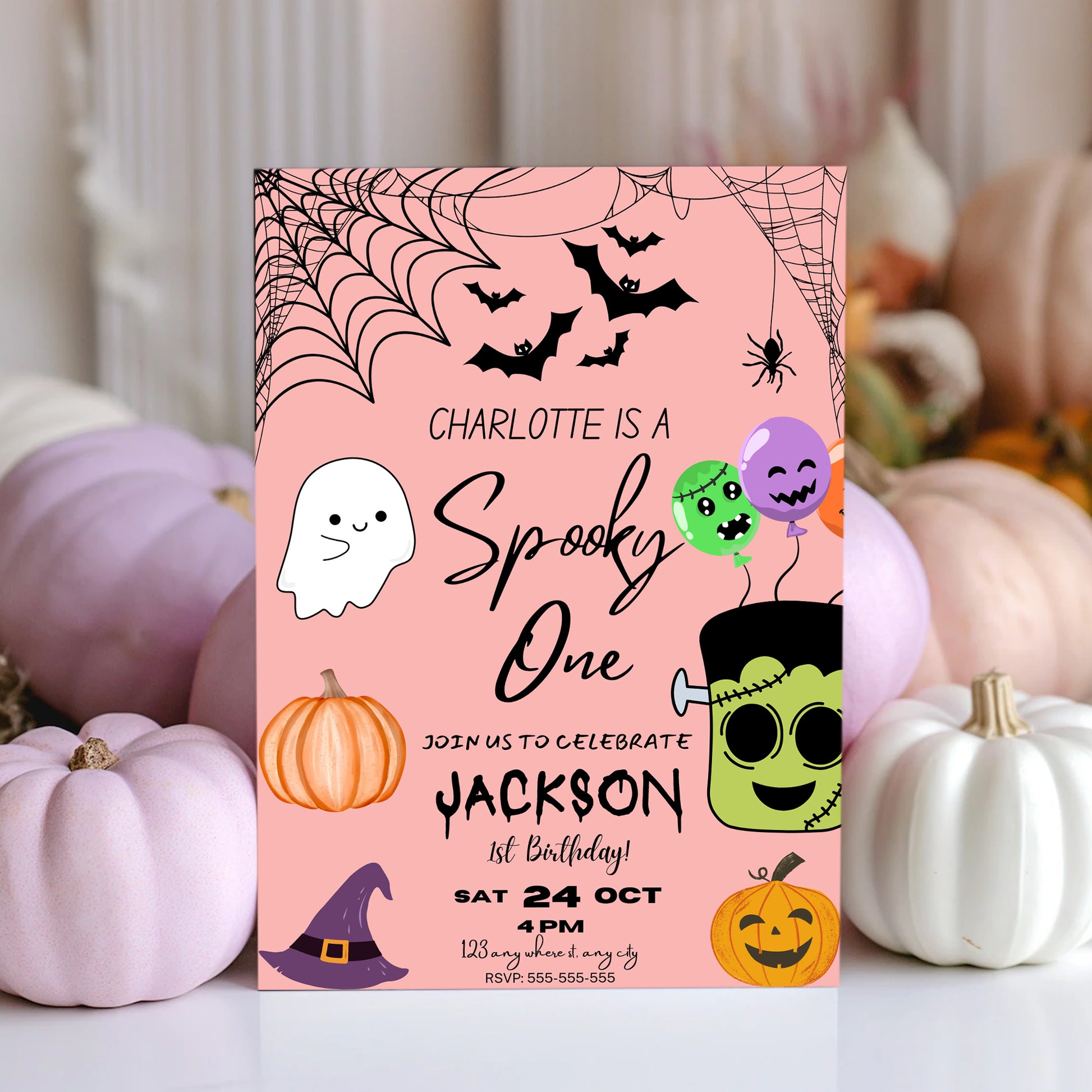 Pink Spooky One Halloween Birthday Invitation Template - CreativeRino