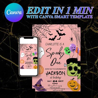 Pink Spooky One Halloween Birthday Invitation Template - CreativeRino
