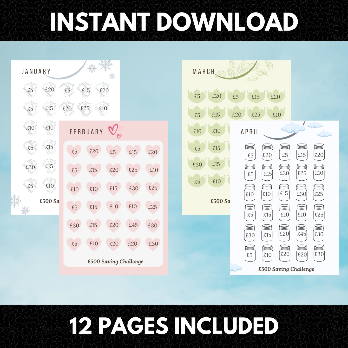 12 Month Saving Challenge Bundle | Pound Saving Challenge | Saving Money Challenge - CreativeRino