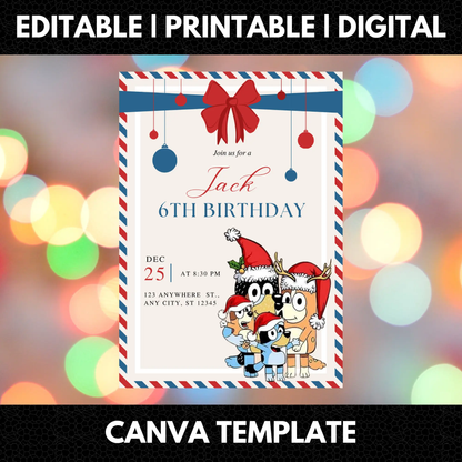 Bluey and Bingo Christmas Birthday Invitation Template - CreativeRino