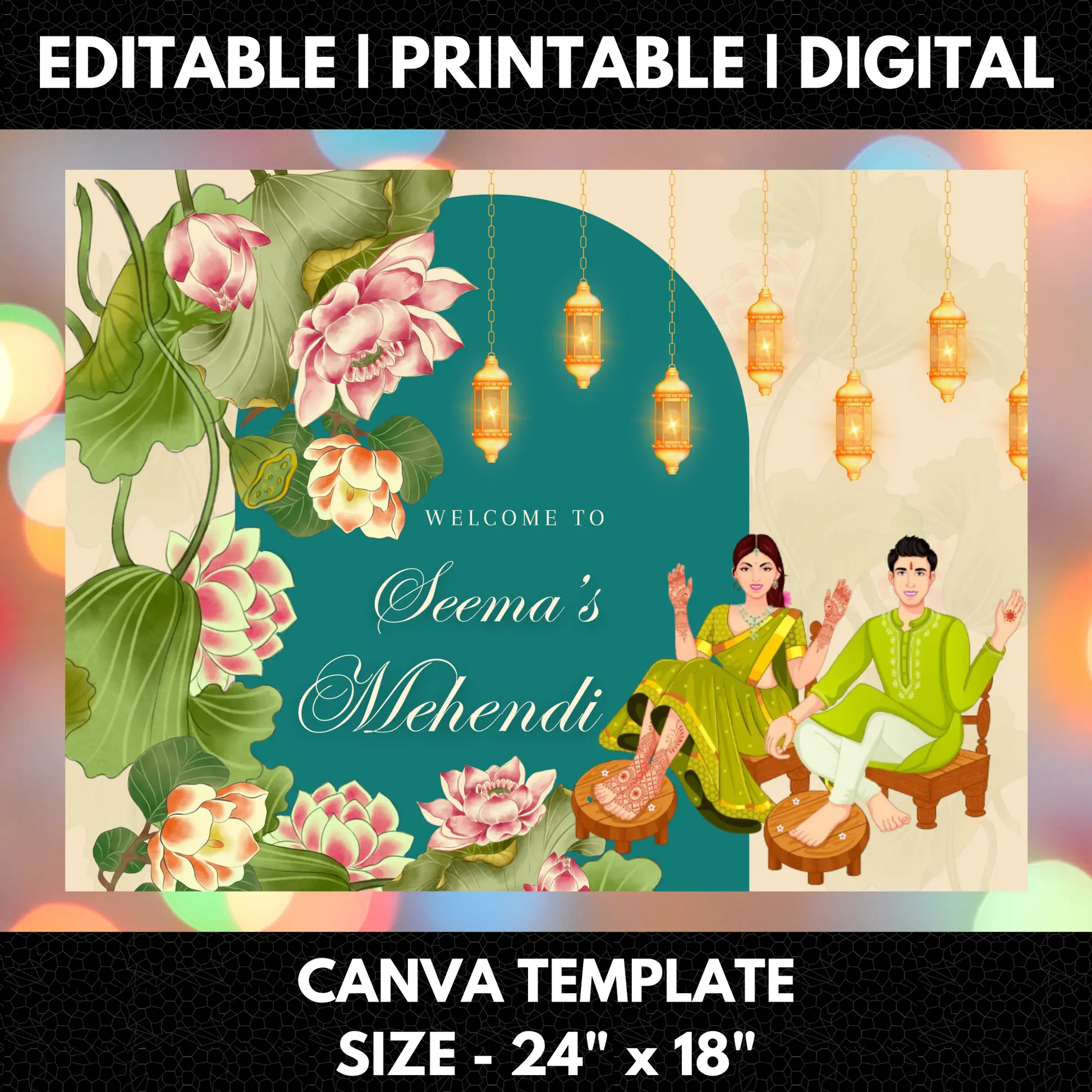 Mehndi Sign Template | Indian Wedding Welcome Sign - CreativeRino