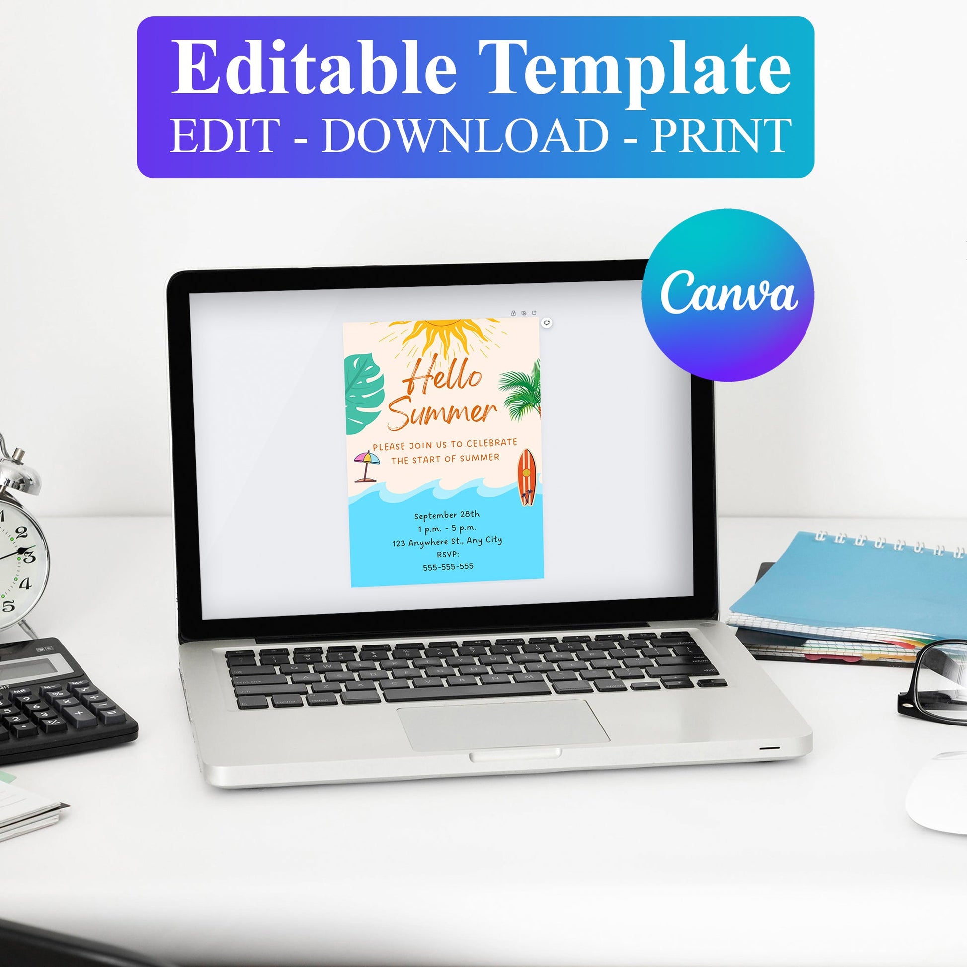 Hello Summer Party Invitation | Hello Summer Theme Invite Canva Template CreativeRino