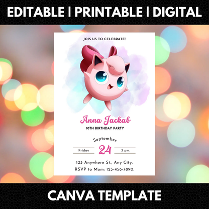 Jigglypuff Pokemon Birthday Invitation Template - CreativeRino