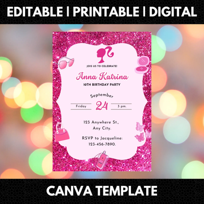 Pink Doll Birthday Invitation Template - CreativeRino