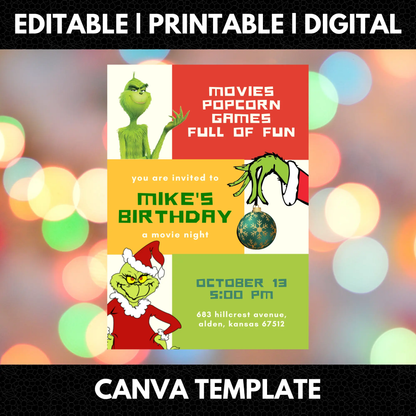 Grinch Christmas Birthday Invitation Template - CreativeRino