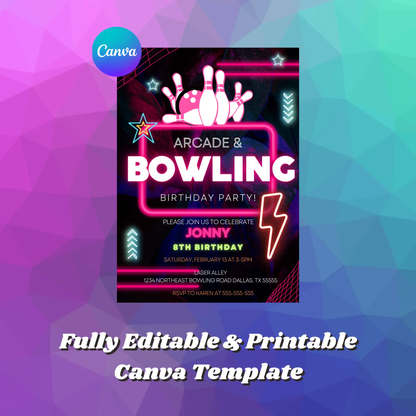 Arcade and Bowling Birthday Invitation Template - CreativeRino