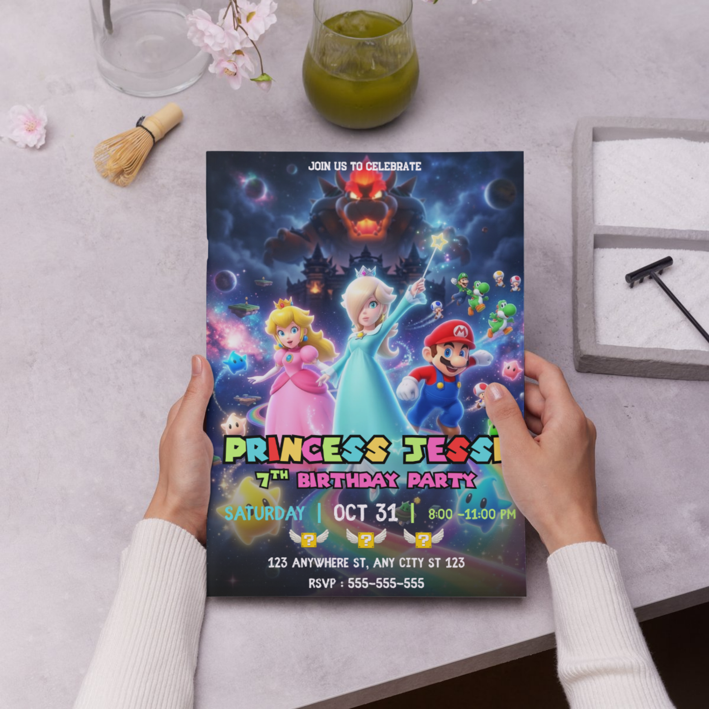 Editable Princess Rosalina Peach Mario Galaxy Birthday Invitation, Canva Template CreativeRino
