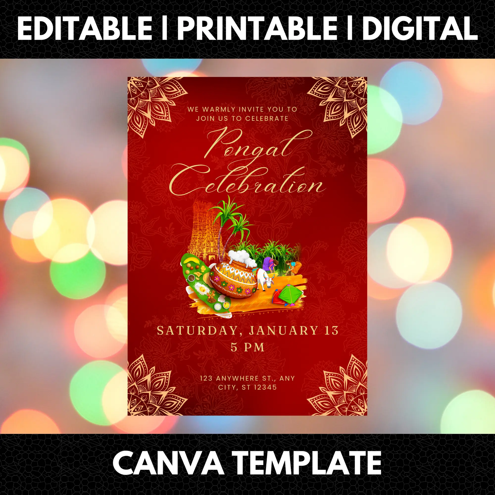 Pongal Invitation Template | Pongal Celebration Invite - CreativeRino