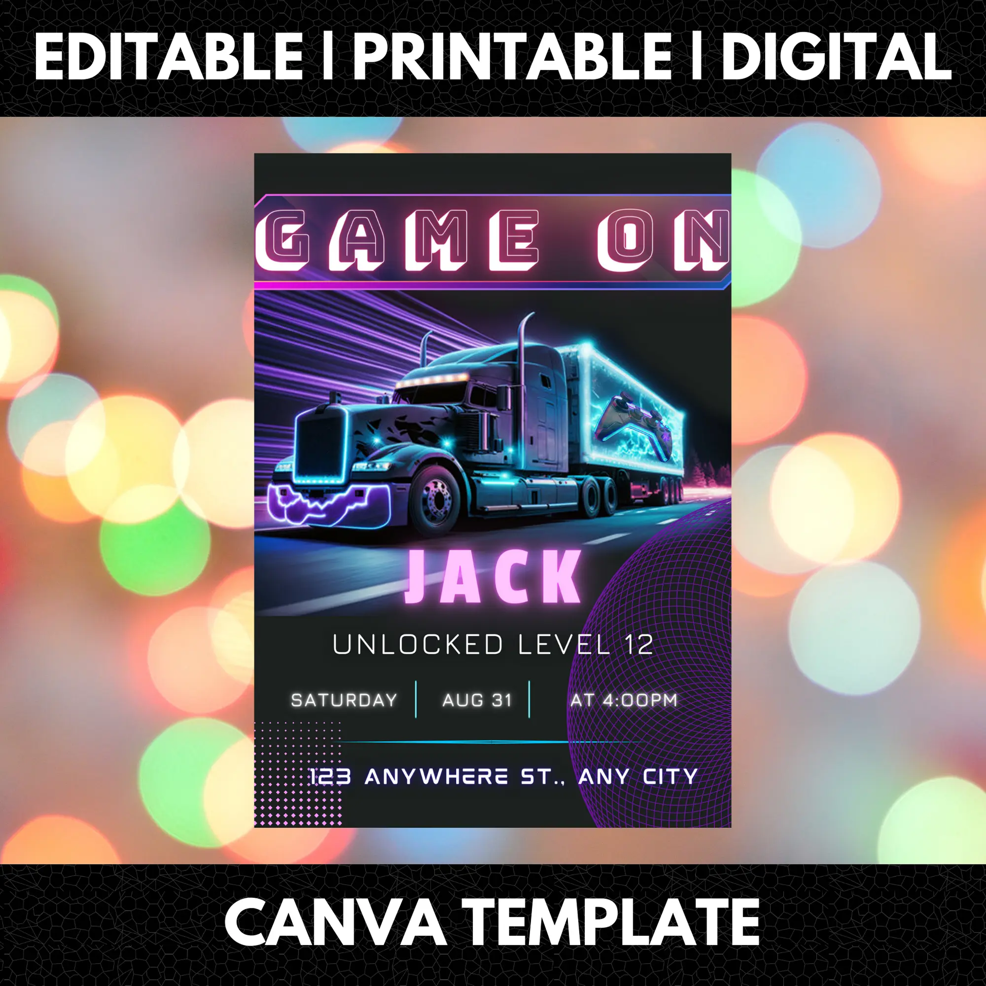 Game Truck Gaming Birthday Invitation Template - CreativeRino