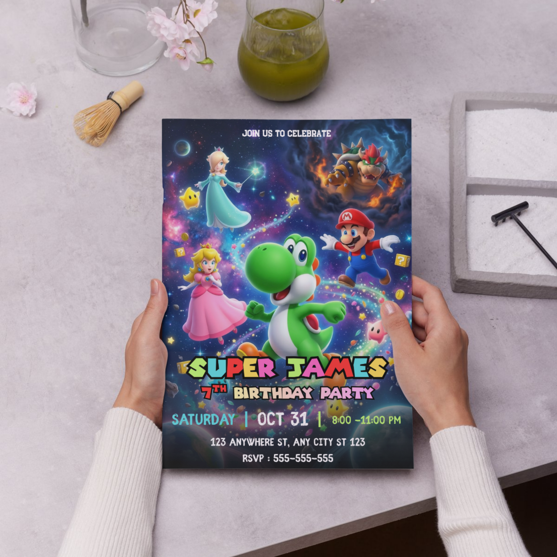 Yoshi Birthday Invitation, Mario Galaxy Birthday Invitation, Editable Outer Space Party Invite Canva Template CreativeRino
