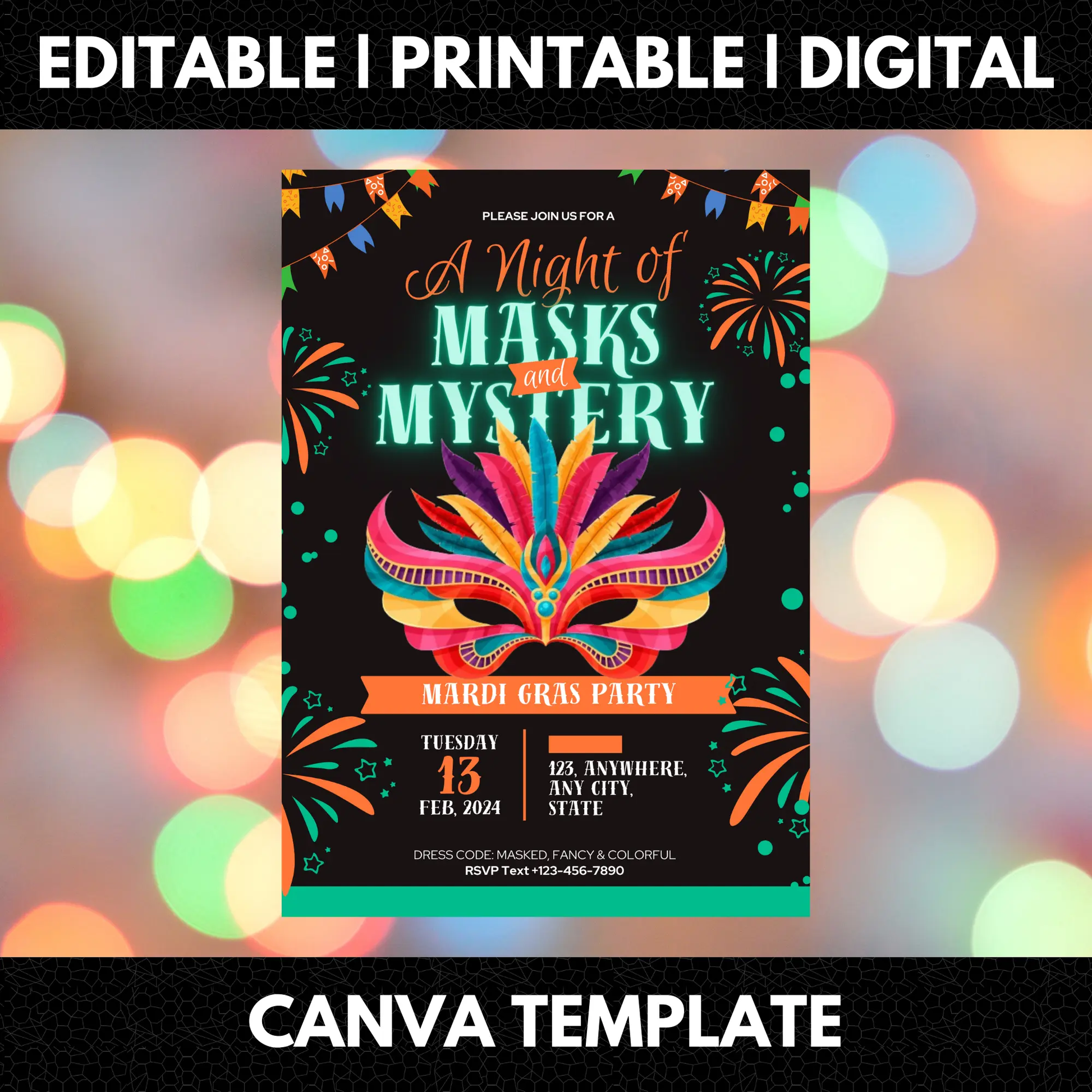 Mardi Gras Mask Party Invitation Template - CreativeRino