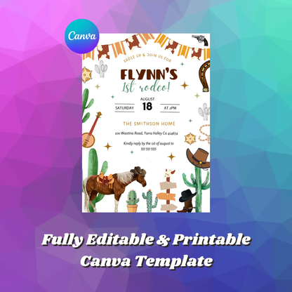Rodeo Birthday Invitation Template | My First Rodeo Invite - CreativeRino