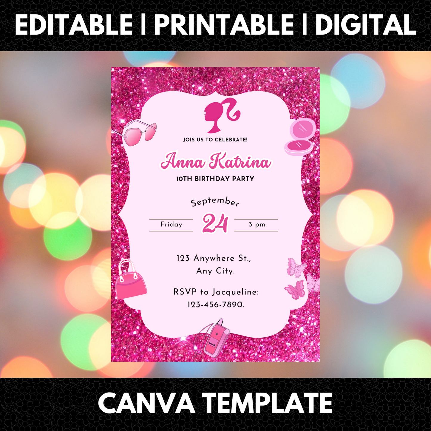 Pink Doll Birthday Invitation Template