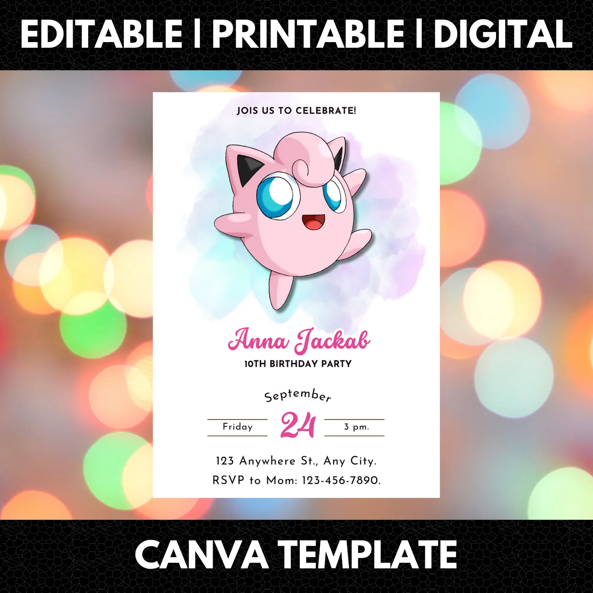 Jigglypuff Pokemon Birthday Invitation Template - CreativeRino