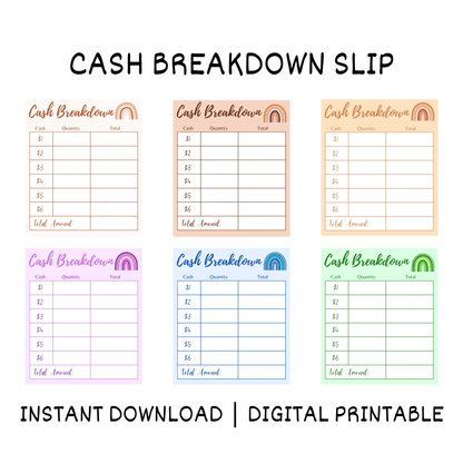 Rainbow Themed Cash Breakdown Slip Template | Cash Budgeting Teller Slip CreativeRino