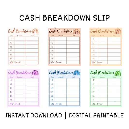 Rainbow Themed Cash Breakdown Slip Template | Cash Budgeting Teller Slip CreativeRino