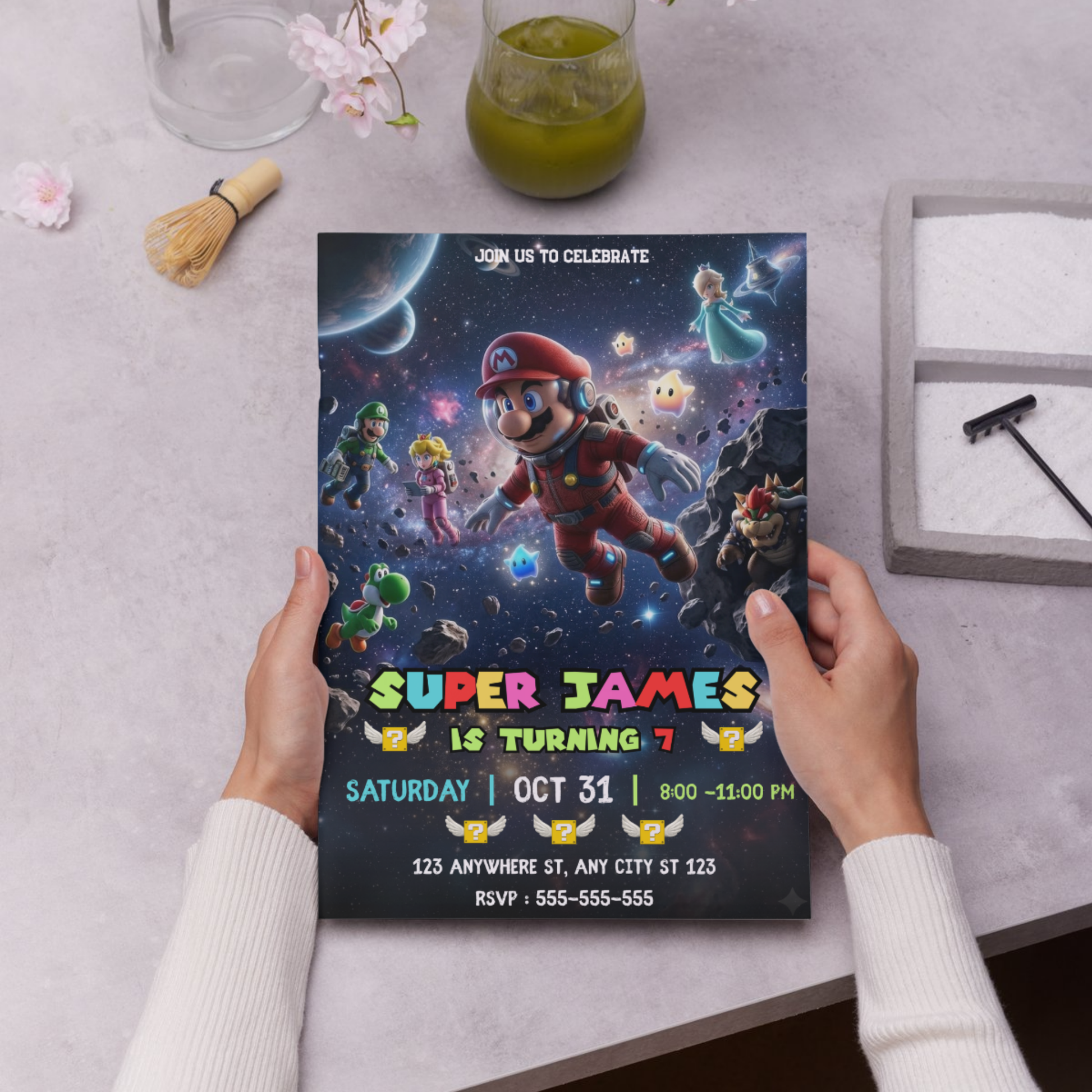 Mario Galaxy Birthday Invitation, Editable Astronaut Outer Space Party Canva Template CreativeRino
