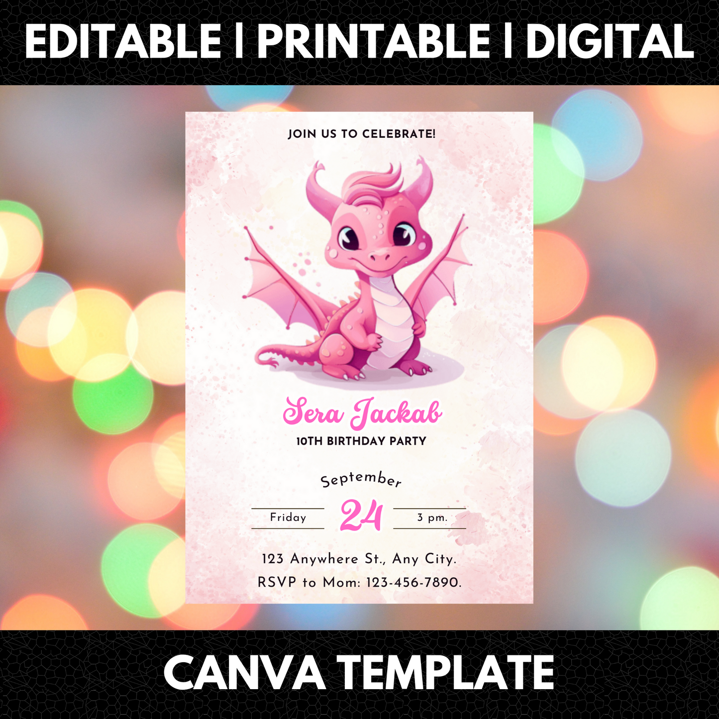 Baby Dragon Birthday Invitation Template