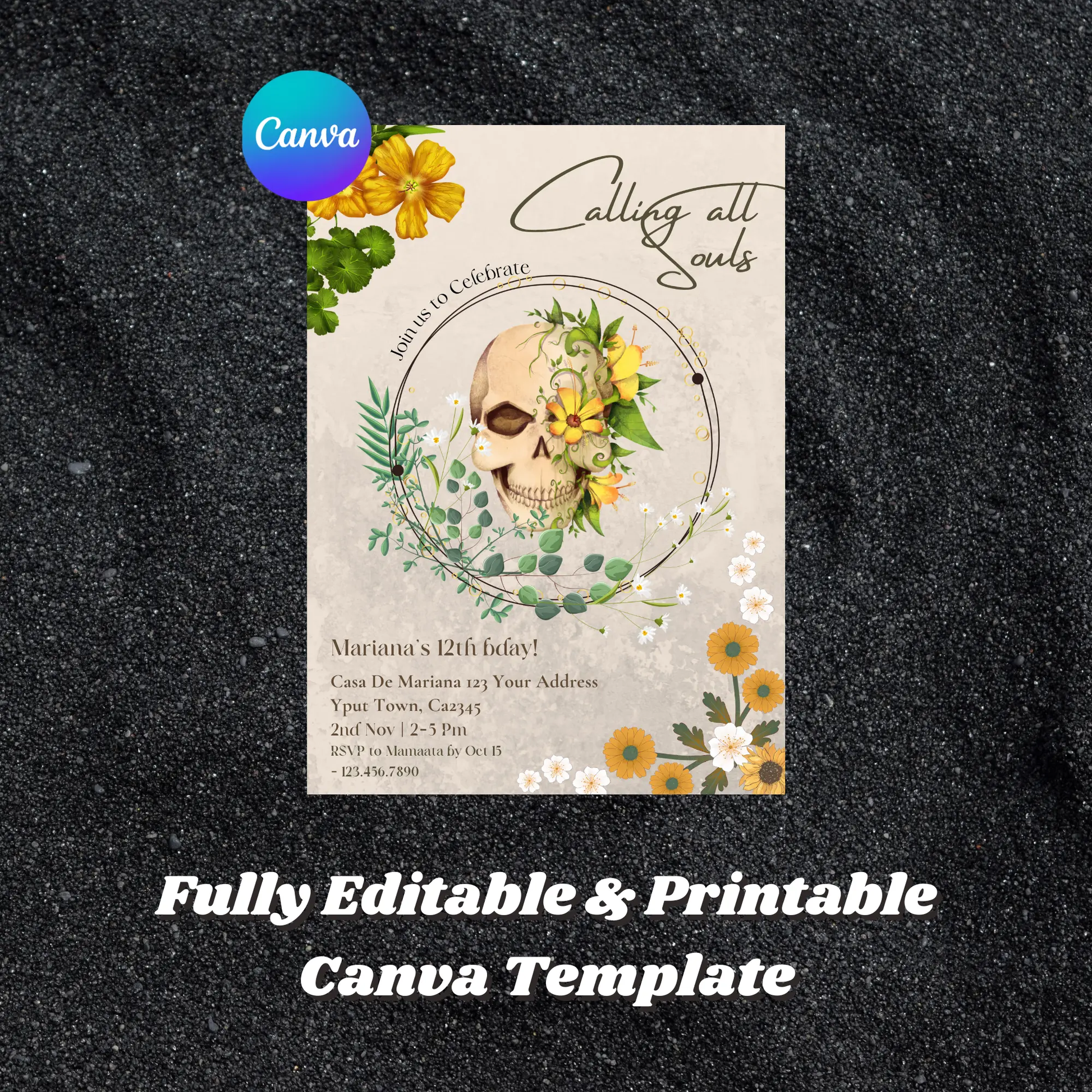 Day of the Dead Birthday Invitation Template | Calling all Souls Sugar Skull Invite - CreativeRino