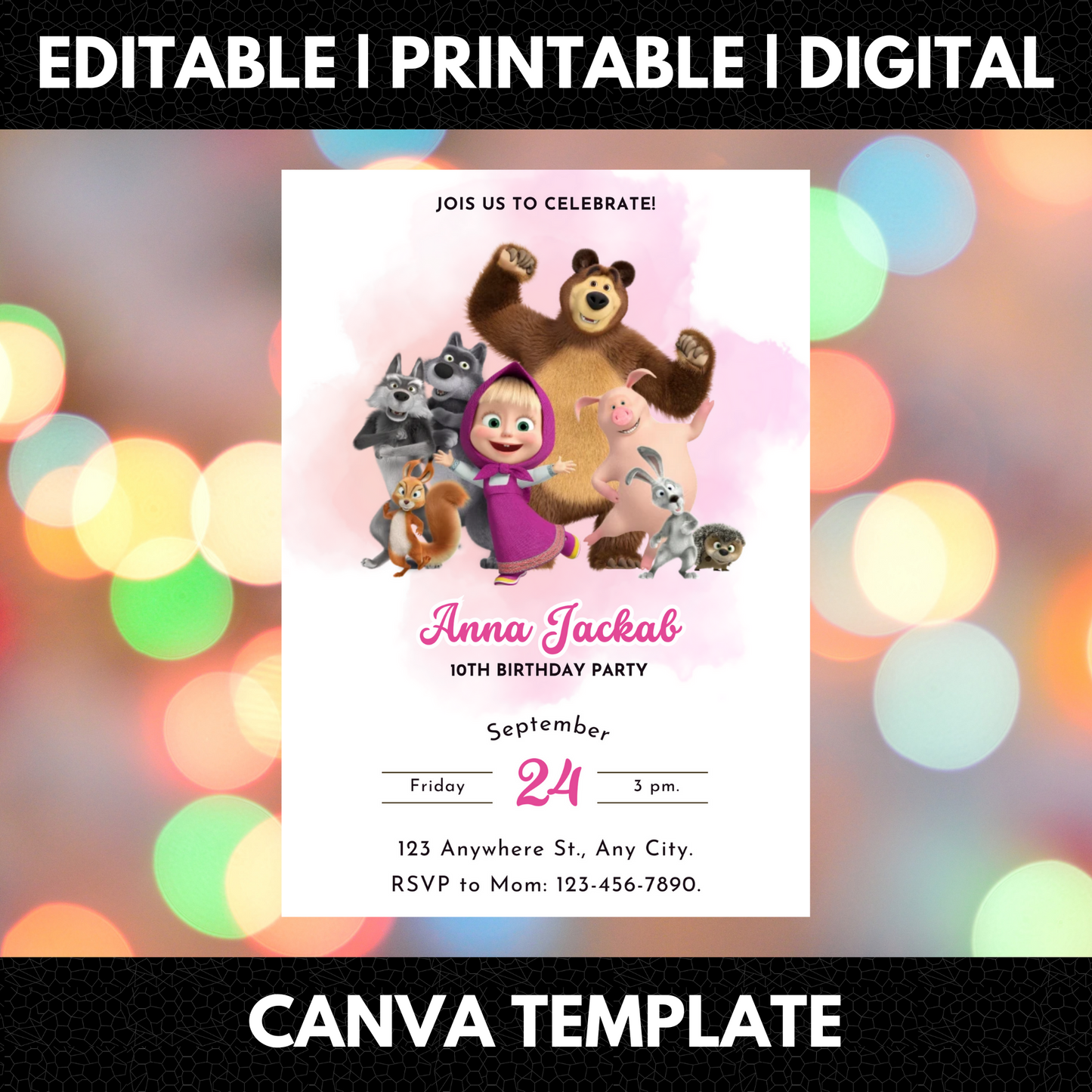 Masha And The Bear Birthday Invitation Template