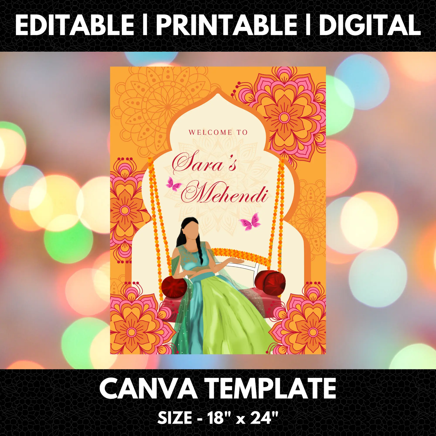 Mehndi Sign Template | Indian Wedding Welcome Sign - CreativeRino