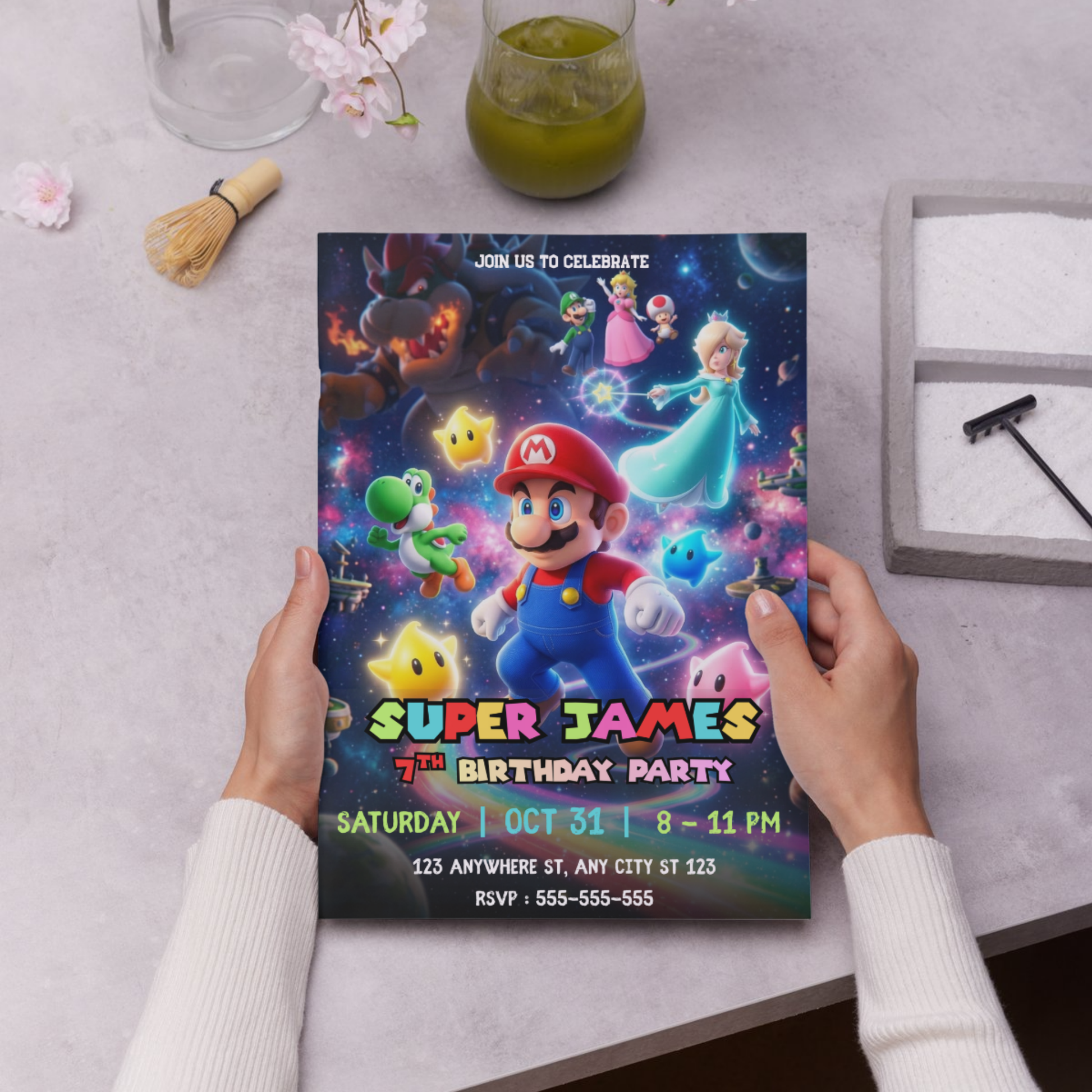 Editable Super Mario Galaxy Birthday Invitation, Outer Space Party Invite Canva Template CreativeRino