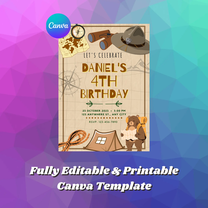 Explorer Adventure Birthday Invitation Template | Treasure Hunt Invite - CreativeRino