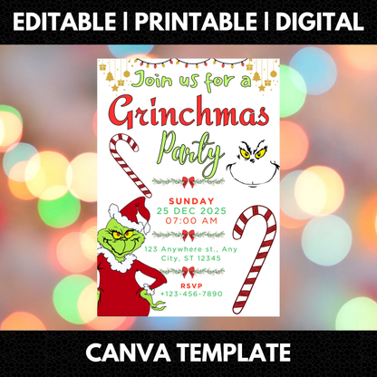 Grinchmas Christmas Party Invitation Template | Grinch Invite - CreativeRino
