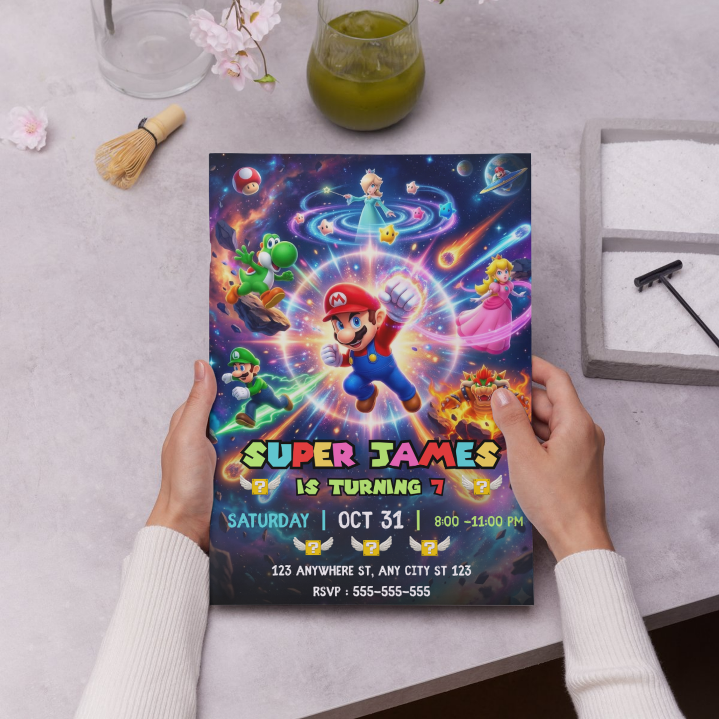 Mario Galaxy Birthday Invitation, Editable Outer Space Party Invite Canva Template CreativeRino