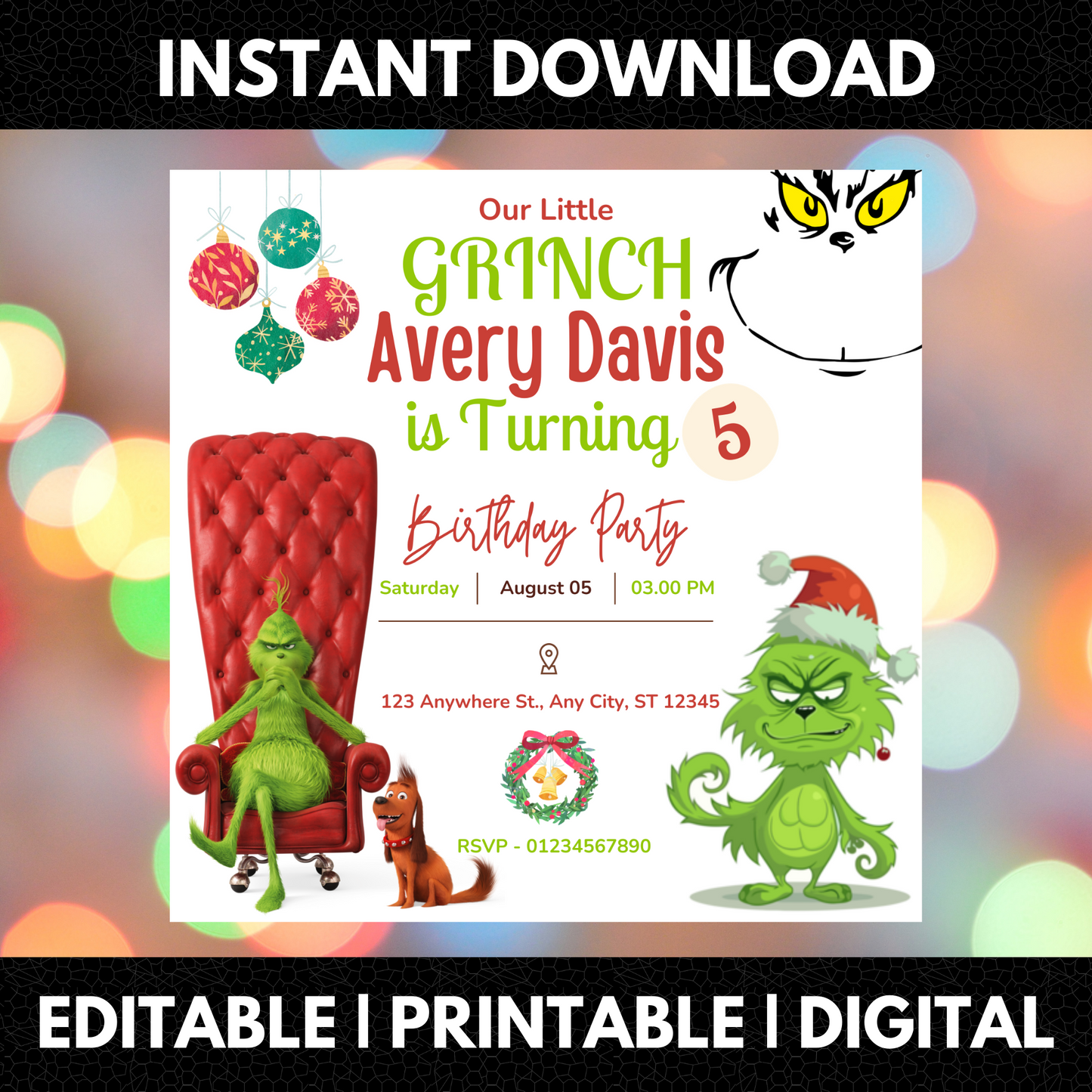 Baby Grinch Christmas Birthday Invitation Template