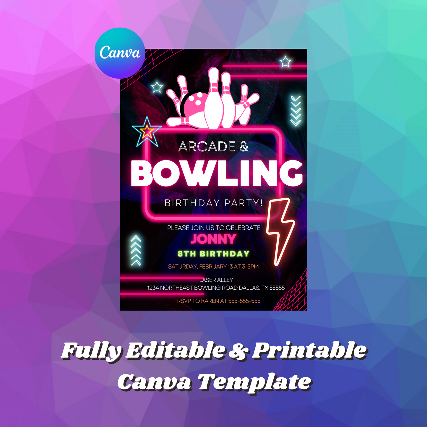 Arcade and Bowling Birthday Invitation Template