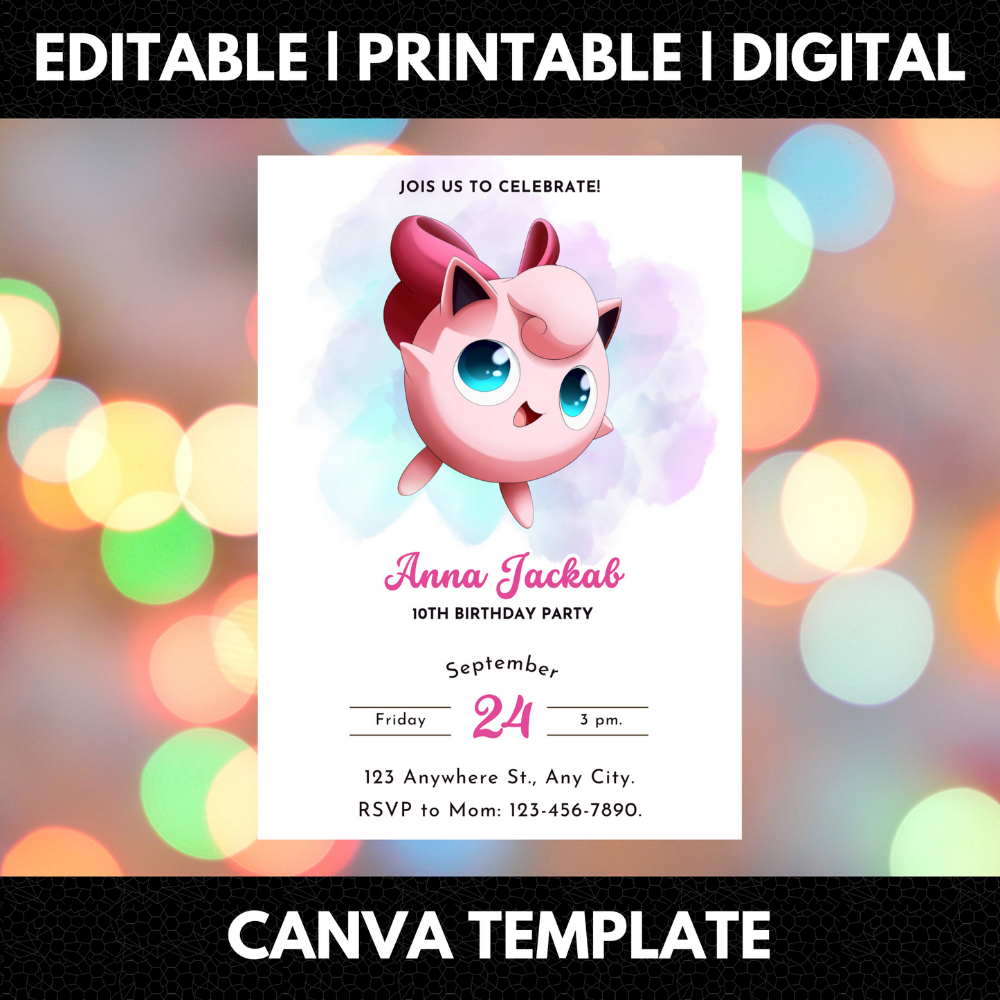 Jigglypuff Pokemon Birthday Invitation Template