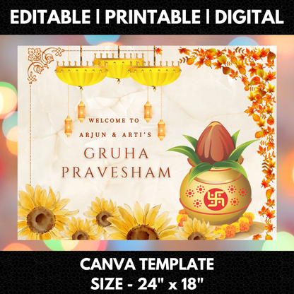 Gruhapravesham Welcome Sign Template | Indian Housewarming Welcome Sign - CreativeRino