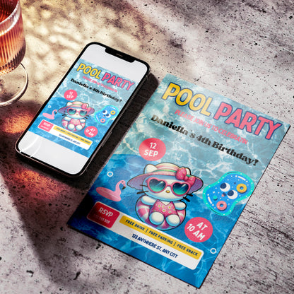 Kawaii Kitty Pool Birthday Party Invitation Template - CreativeRino