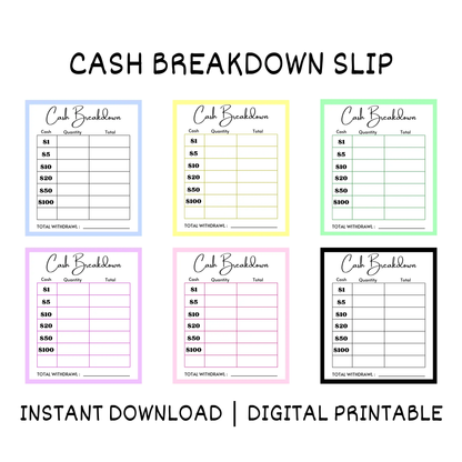 Cash Breakdown Slip Template | Cash Budgeting Teller Slip CreativeRino