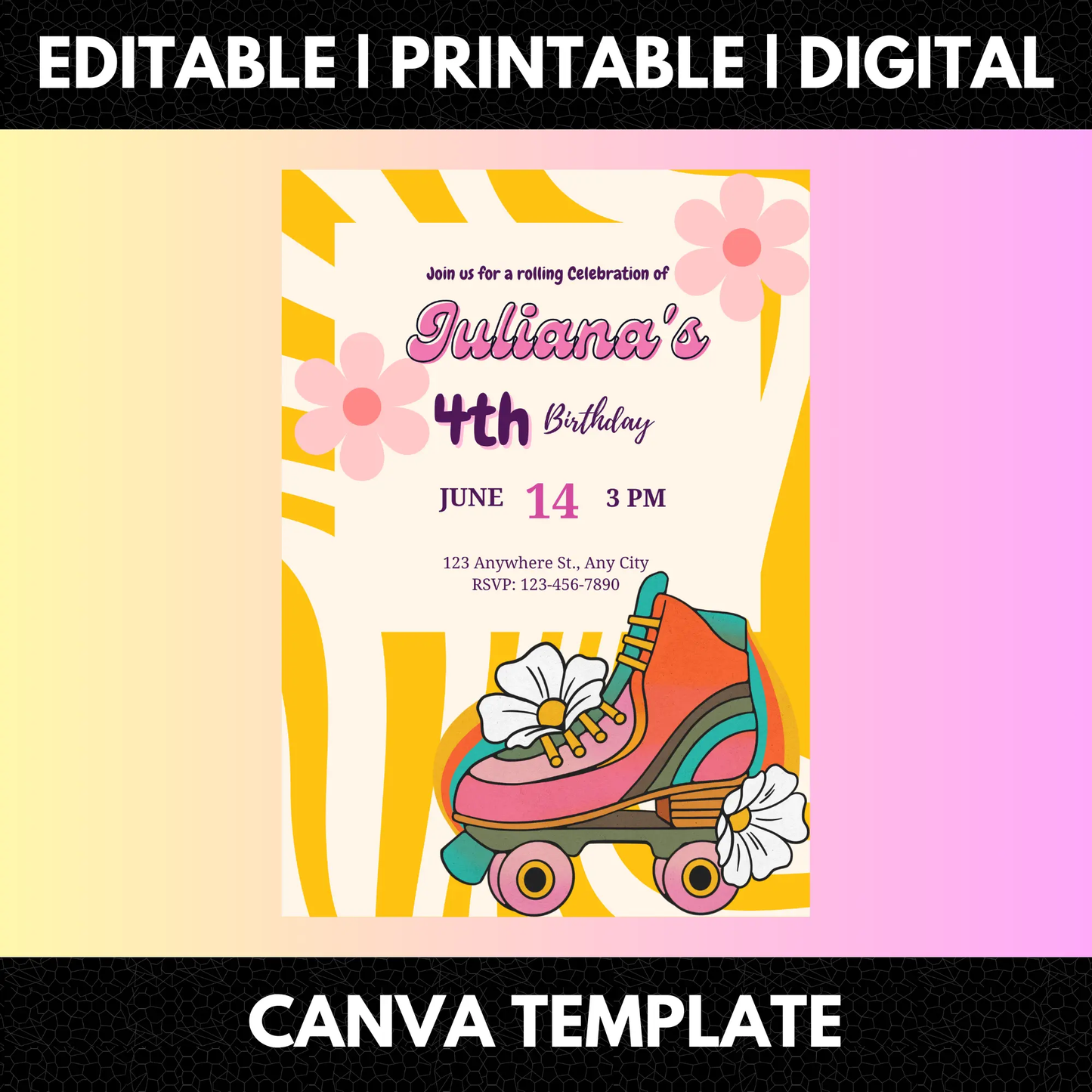Roller Skates Skating Birthday Invitation Template - CreativeRino
