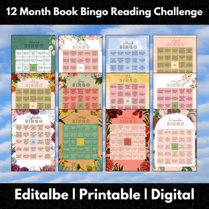12 Month Book Bingo Reading Challenge Template | Monthly Reading Challenge - CreativeRino