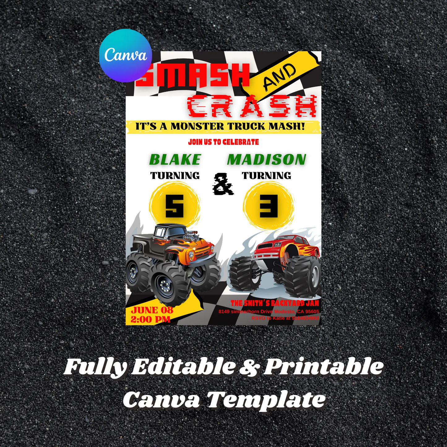 Smash and Crash Birthday Invitation Template | Monster Truck Invite - CreativeRino