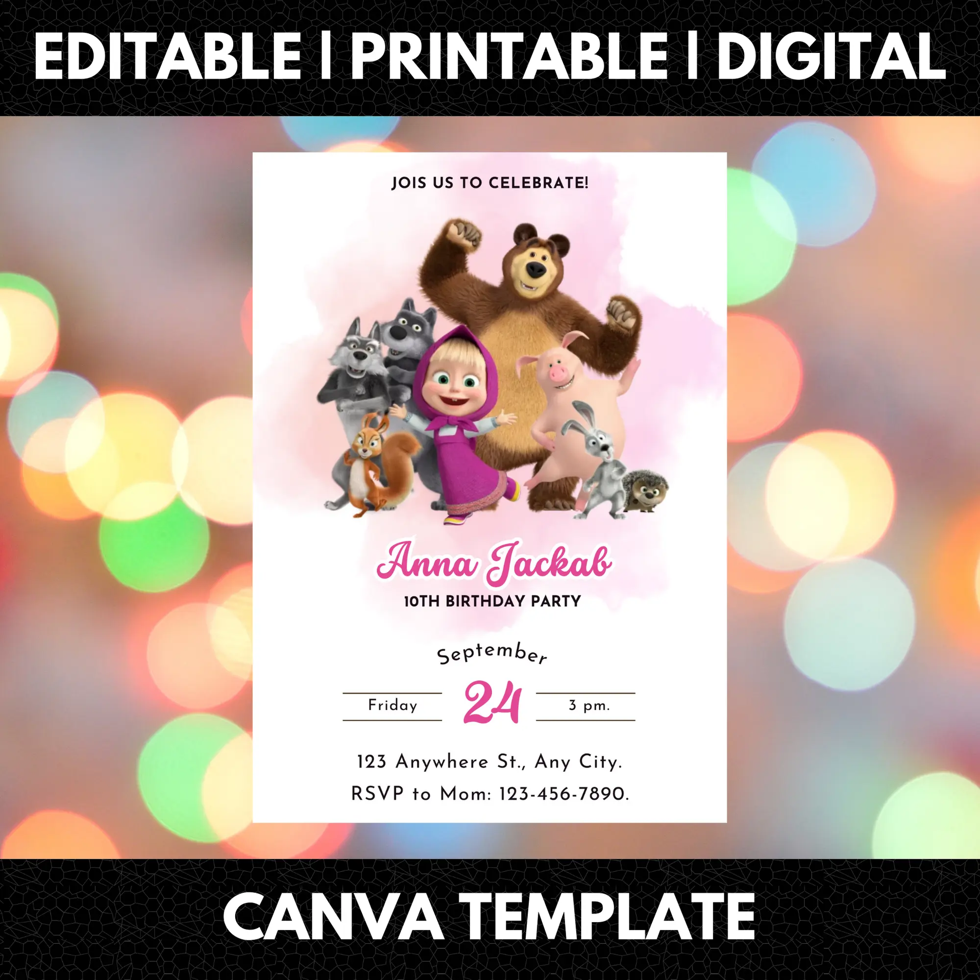 Masha And The Bear Birthday Invitation Template - CreativeRino