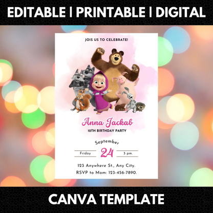 Masha And The Bear Birthday Invitation Template - CreativeRino