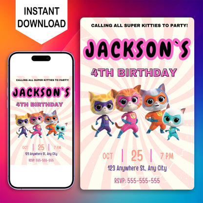 Superkitties Birthday Invitation Template - CreativeRino