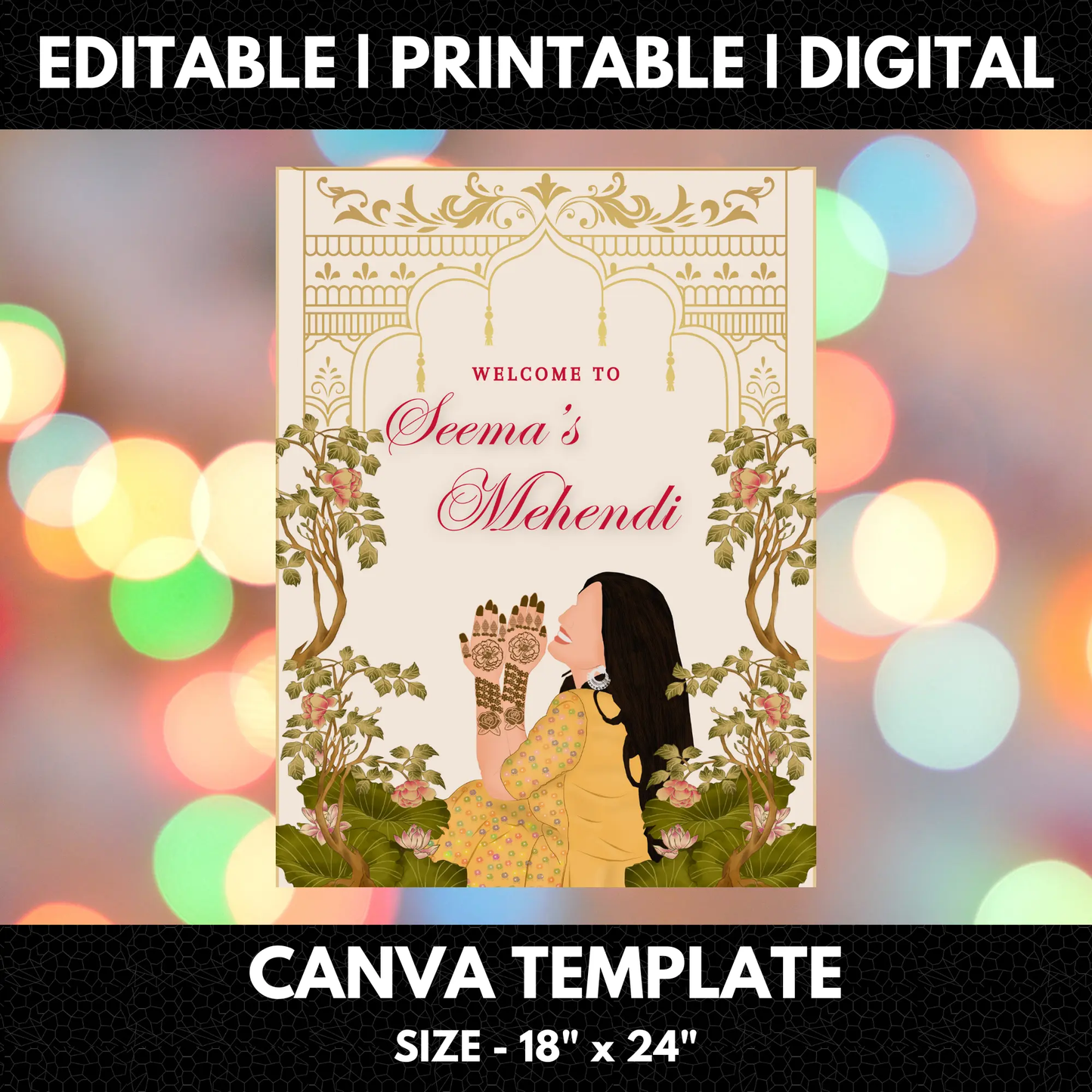 Mehndi Sign Template | Indian Wedding Welcome Sign - CreativeRino